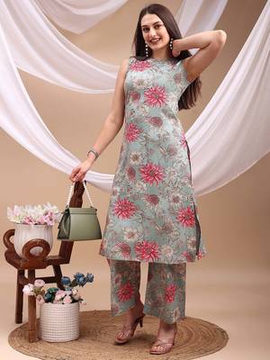 Turquoise rayon floral print ethnic kurta palazzo set 5