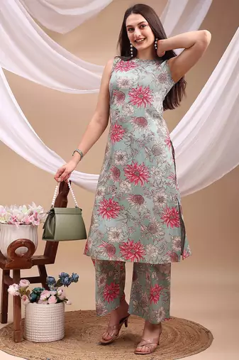 Turquoise rayon floral print ethnic kurta palazzo set
