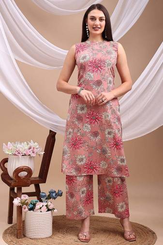 Pink rayon floral print ethnic kurta palazzo set
