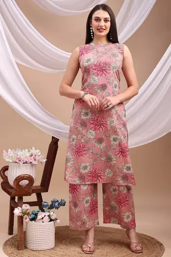 Pink rayon floral print ethnic kurta palazzo set
