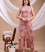 Pink rayon floral print ethnic kurta palazzo set