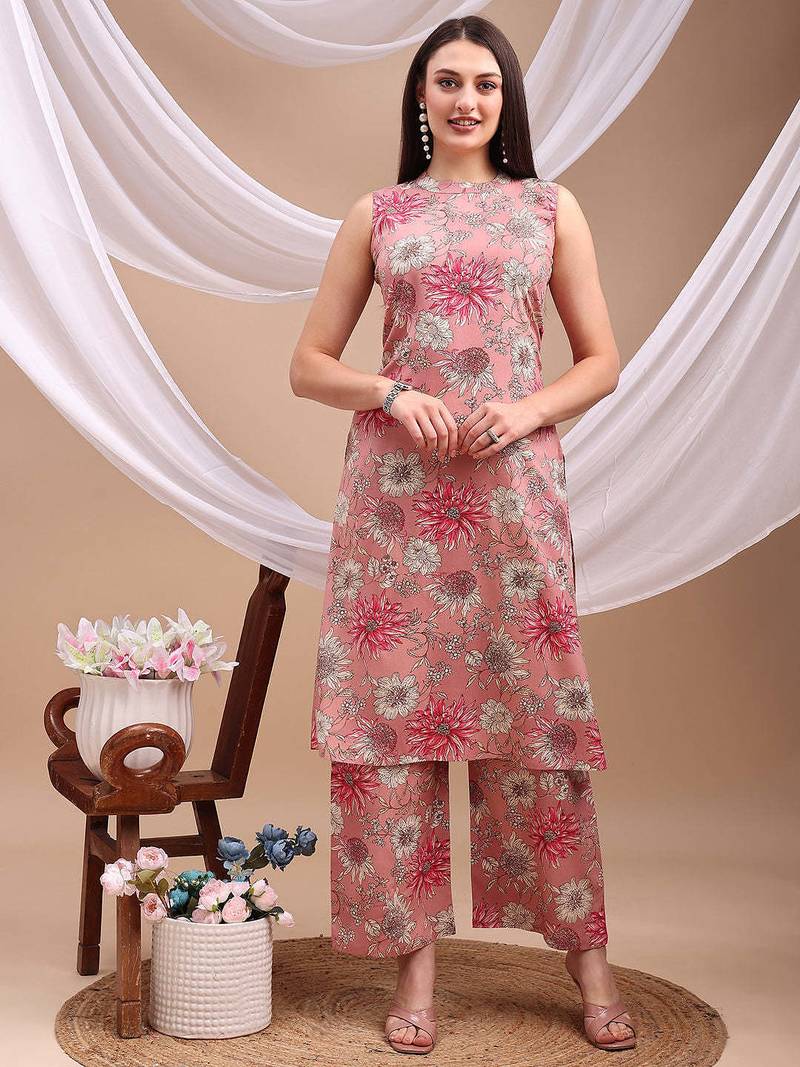 Pink rayon floral print ethnic kurta palazzo set