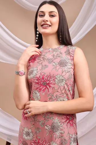 Pink rayon floral print ethnic kurta palazzo set