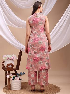 Pink rayon floral print ethnic kurta palazzo set 3