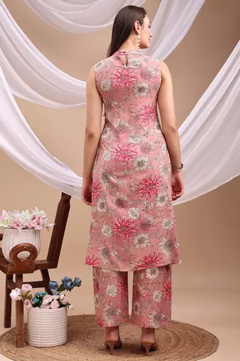 Pink rayon floral print ethnic kurta palazzo set