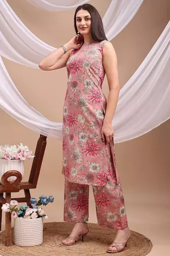 Pink rayon floral print ethnic kurta palazzo set
