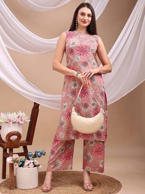 Pink rayon floral print ethnic kurta palazzo set 5