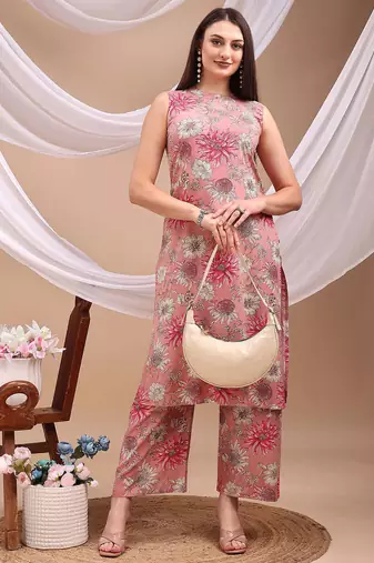 Pink rayon floral print ethnic kurta palazzo set