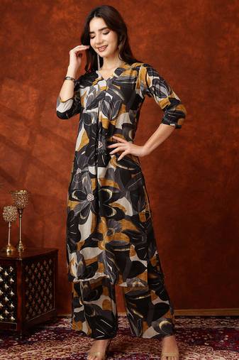 Black rayon floral print ethnic kurta palazzo set