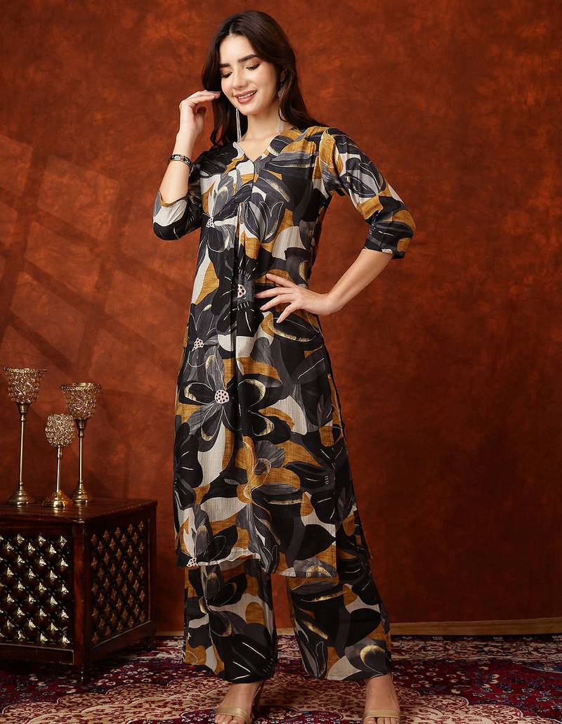 Black rayon floral print ethnic kurta palazzo set