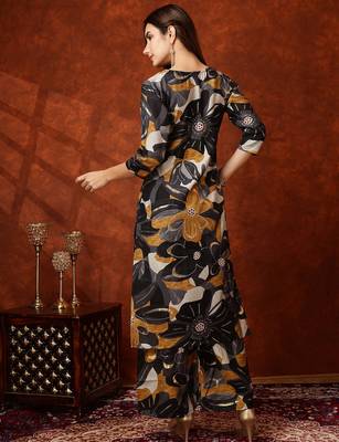 Black rayon floral print ethnic kurta palazzo set 3