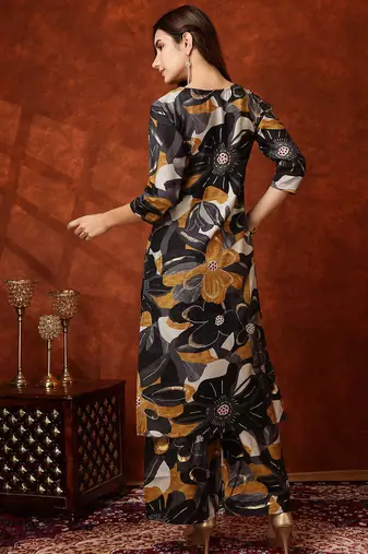 Black rayon floral print ethnic kurta palazzo set