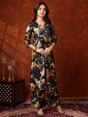 Black rayon floral print ethnic kurta palazzo set 4