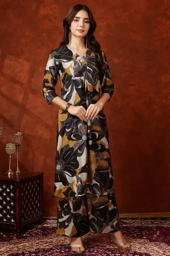 Black rayon floral print ethnic kurta palazzo set
