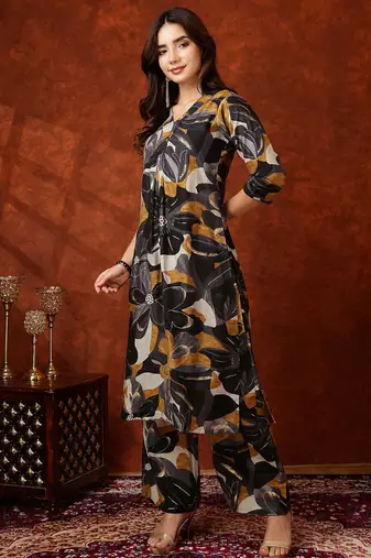 Black rayon floral print ethnic kurta palazzo set