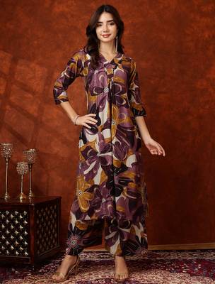 Wine rayon floral print ethnic kurta palazzo set 1