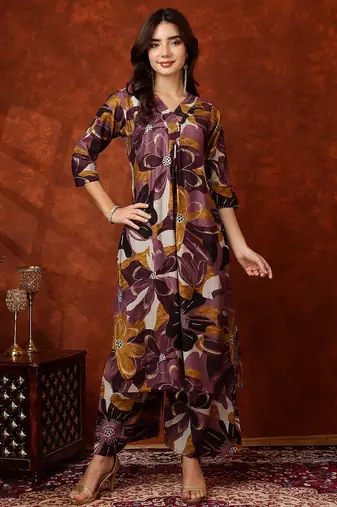 Wine rayon floral print ethnic kurta palazzo set