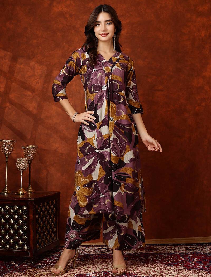 Wine rayon floral print ethnic kurta palazzo set