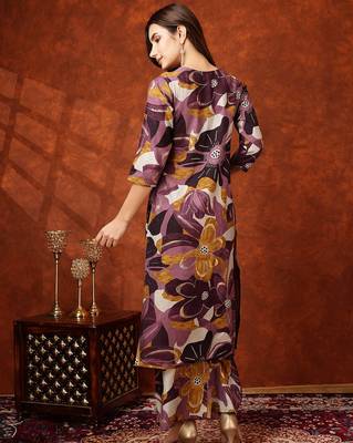 Wine rayon floral print ethnic kurta palazzo set 3