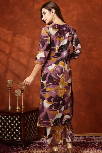Wine rayon floral print ethnic kurta palazzo set