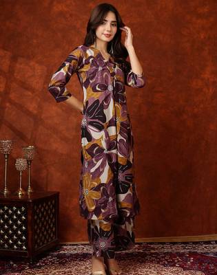 Wine rayon floral print ethnic kurta palazzo set 4