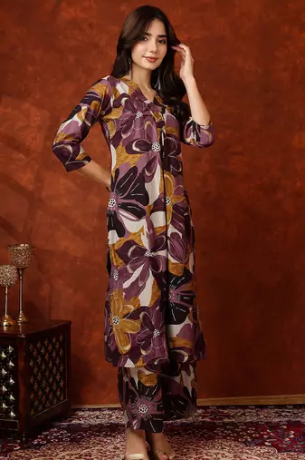 Wine rayon floral print ethnic kurta palazzo set