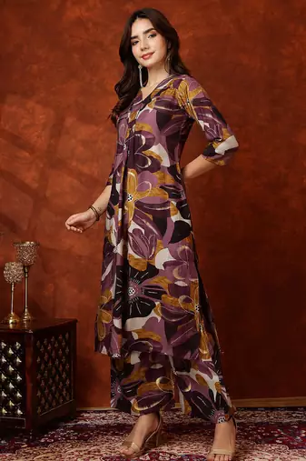 Wine rayon floral print ethnic kurta palazzo set
