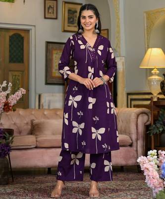 Purple cotton floral print ethnic kurta palazzo set 1