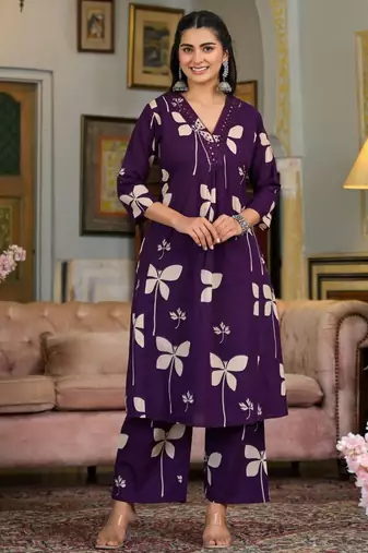 Purple cotton floral print ethnic kurta palazzo set