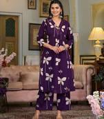 Purple cotton floral print ethnic kurta palazzo set