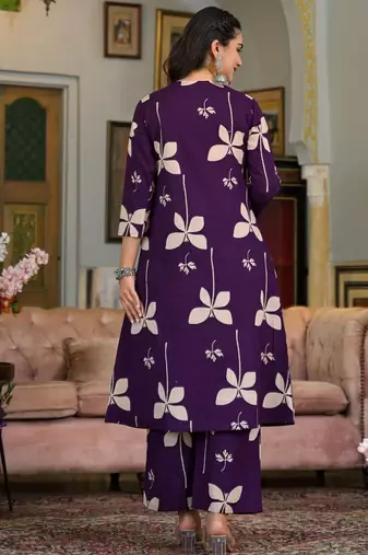 Purple cotton floral print ethnic kurta palazzo set
