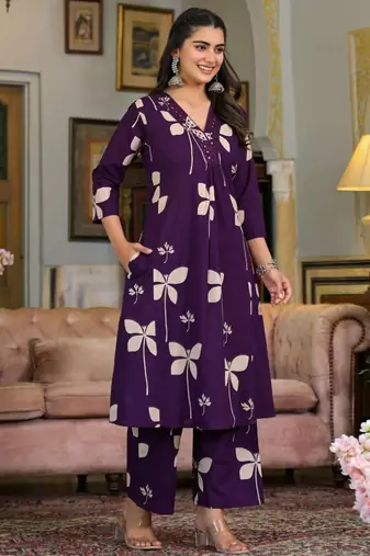 Purple cotton floral print ethnic kurta palazzo set