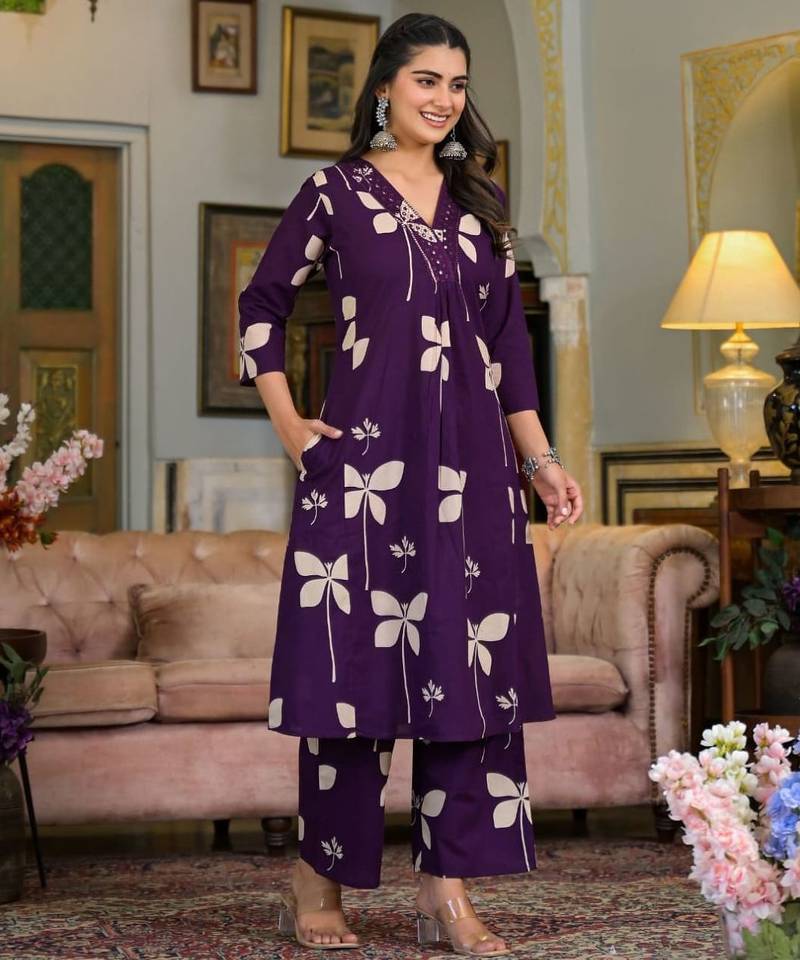 Purple cotton floral print ethnic kurta palazzo set