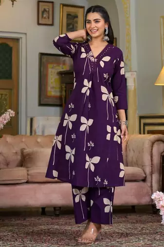 Purple cotton floral print ethnic kurta palazzo set