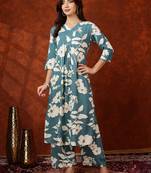 Turquoise rayon floral print ethnic kurta palazzo set