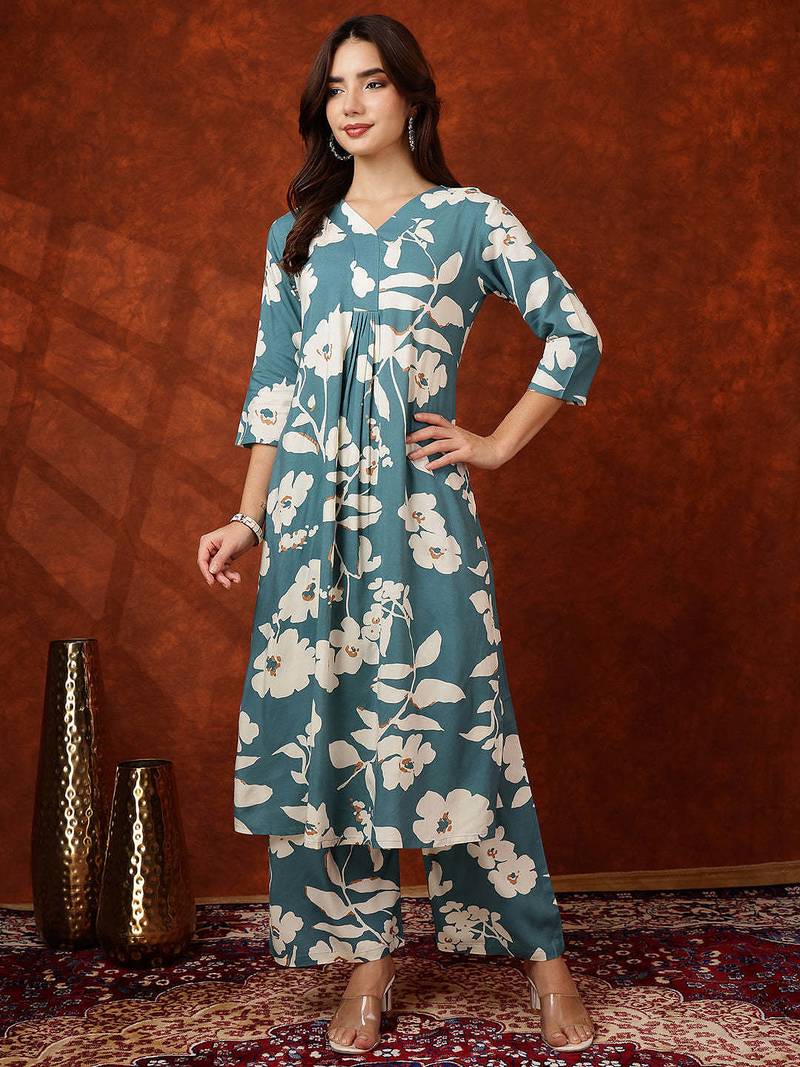 Turquoise rayon floral print ethnic kurta palazzo set