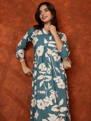 Turquoise rayon floral print ethnic kurta palazzo set 2