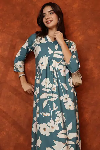 Turquoise rayon floral print ethnic kurta palazzo set