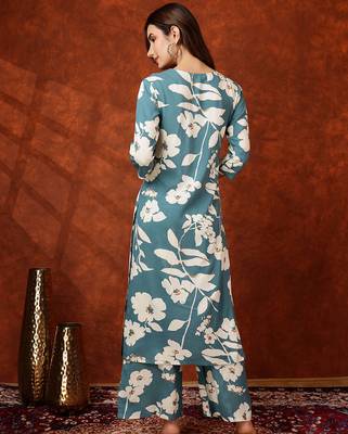 Turquoise rayon floral print ethnic kurta palazzo set 3