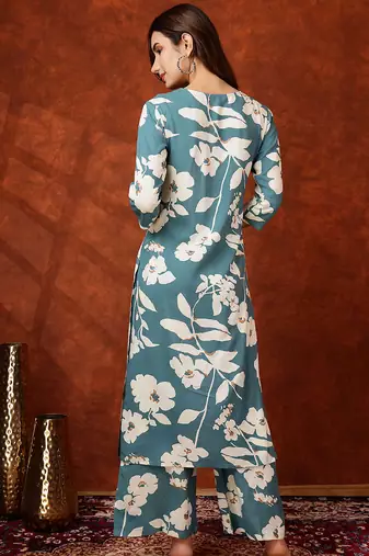Turquoise rayon floral print ethnic kurta palazzo set