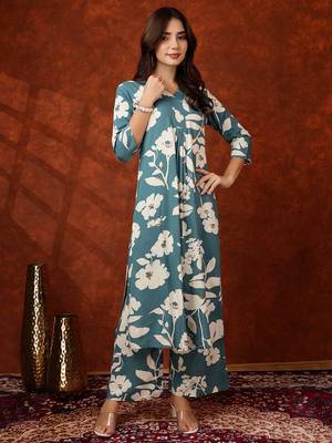 Turquoise rayon floral print ethnic kurta palazzo set 4