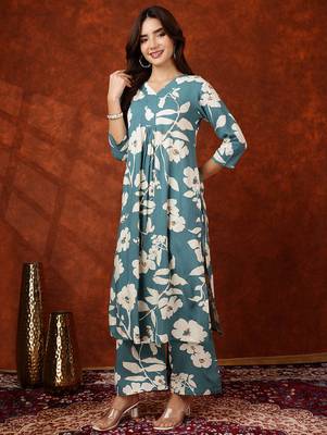 Turquoise rayon floral print ethnic kurta palazzo set 5