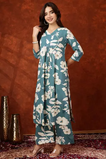 Turquoise rayon floral print ethnic kurta palazzo set