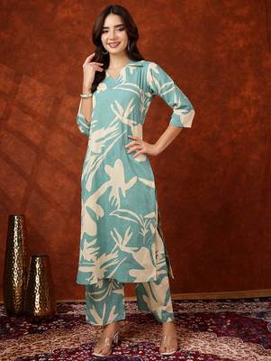 Turquoise cotton floral print ethnic kurta palazzo set 1