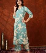 Turquoise cotton floral print ethnic kurta palazzo set