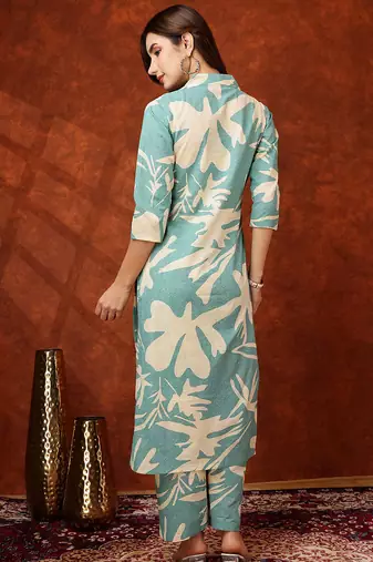 Turquoise cotton floral print ethnic kurta palazzo set