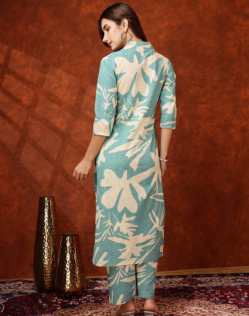 Turquoise cotton floral print ethnic kurta palazzo set