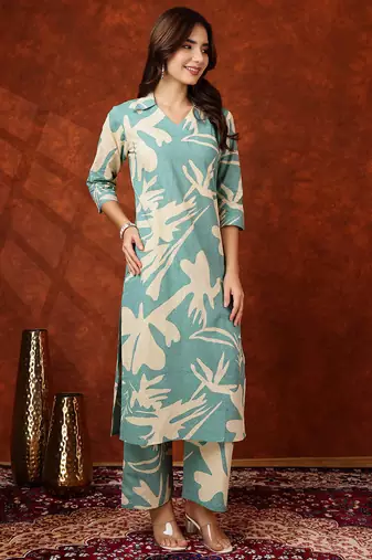 Turquoise cotton floral print ethnic kurta palazzo set