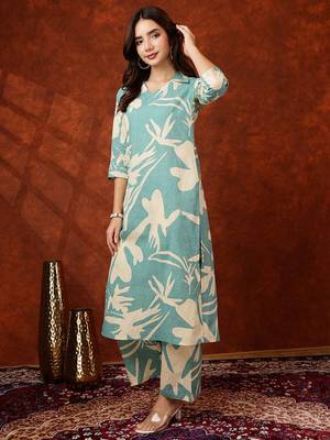 Turquoise cotton floral print ethnic kurta palazzo set 5