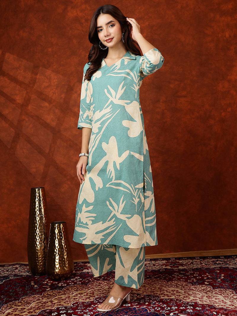 Turquoise cotton floral print ethnic kurta palazzo set